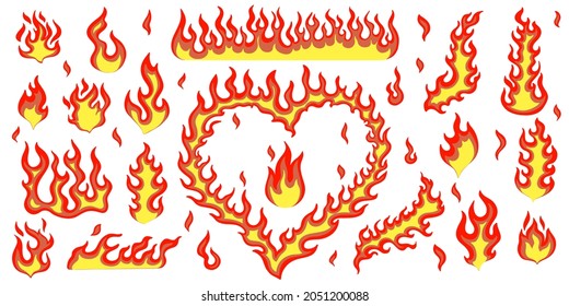 Set of cartoon fire. 
Bright fiery heart. Isolated illustration of a red-hot sparkling fire. Red, orange hot flames. Flaming petals, sparks. A raging forest fire. Powerful inferno energy, explosion.