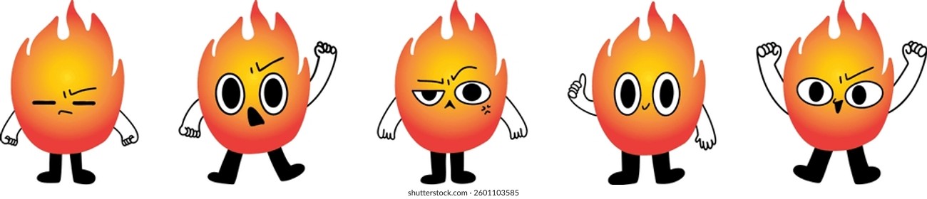 Set of cartoon fire characters with different facial expressions and poses, conveying emotions