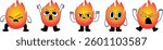 Set of cartoon fire characters with intense facial expressions, showing anger and strong emotions