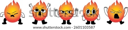 Set of cartoon fire characters with intense facial expressions, showing anger and strong emotions