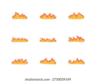 Conjunto de chamas de fogo de desenhos animados. Fogo de fogo, Fogueira de desenhos animados, Fogo de fogo, bola de fogo brilhante, fogo selvagem de calor, fogueira quente vermelha isolada no fundo branco.