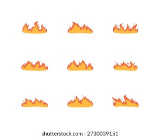 Conjunto de chamas de fogo de desenhos animados. Fogo de fogo, Fogueira de desenhos animados, Fogo de fogo, bola de fogo brilhante, fogo selvagem de calor, fogueira quente vermelha isolada no fundo branco.