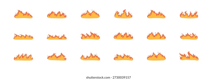 Conjunto de chamas de fogo de desenhos animados. Fogo de fogo, Fogueira de desenhos animados, Fogo de fogo, bola de fogo brilhante, fogo selvagem de calor, fogueira quente vermelha isolada no fundo branco.