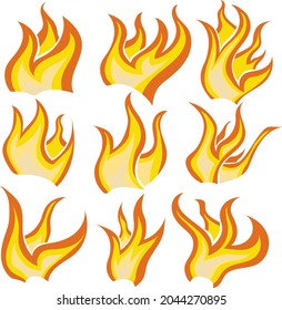 Set of cartoon fire for hiking and kipeng. Vector illustration.