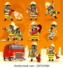 Set of cartoon fireman doing their job and saving people.