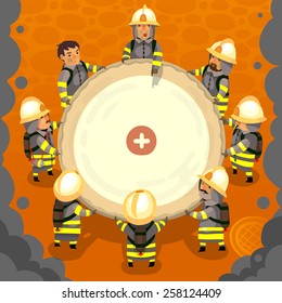 Set of cartoon fireman doing their job and saving people. EPS 10