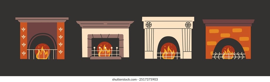 Set cartoon fireplaces made of brick and marble. Scandinavian style, cozy warm hearth. Winter doodle fireplace with burning fire