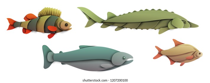 Set of cartoon fish in trendy paper cut craft graphic style. Bream, salmon, sturgeon, perch. Modern design for advertising, branding greeting card, cover, poster, banner. Vector illustration.