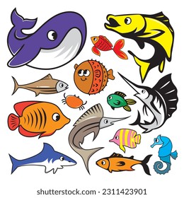 Set of cartoon fish. Vector illustration isolated on a white background.