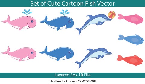 Set of cartoon fish vector isolated on white background. Cute water squirting whale, jumping dolphin, and little smiling fish. A hand-drawn design made in blue, red, and pink colors Layered file.