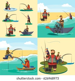 Set of cartoon fisherman catches fish sitting boat fisher threw rod into water, happy fishman holds catch and spin, man pulls net out of the river, fishing on ice icon vector illustration