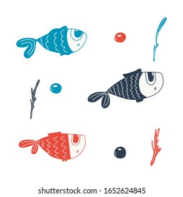 Set Cartoon fishes. The funniest character.Hand-drawn vector illustration.isolated on a white background.You can use it to design mugs, postcards,children s clothing, t-shirt design, and fabrics