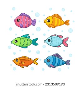 Set of cartoon fishes isolated on white backgrtound.  Colorful fish, design elements. Vector illustration