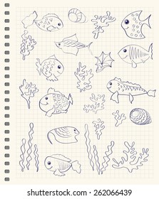 Set of cartoon fishes and seaweeds doodle design elements on checkered notebook page background.  Vector illustration.