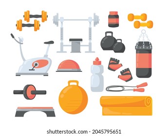 Set of cartoon fitness equipment flat vector illustration