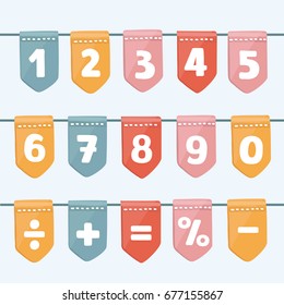 Set of cartoon flag garlands with numbers division, exclamation point, multiplication, percent, equals, minus