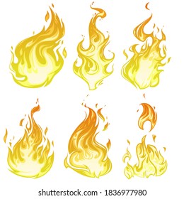 Set of cartoon flame and burning fire. Fires image, hot flaming ignition, flammable blaze heat explosion danger flames energy. Burning fire icons on white background. Vector illustration