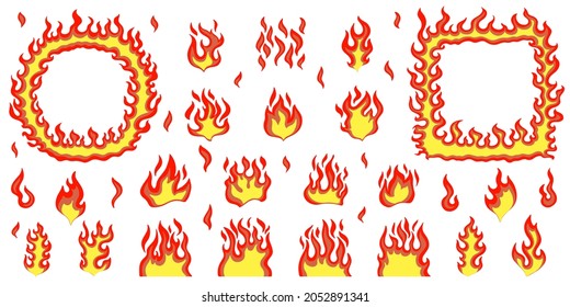 Set of cartoon flames.
Isolated illustration of red hot sparkling fire. A bright fiery circle, a burning square. Flaming petals, sparks. A raging forest fire. Powerful energy of hell, explosion.