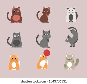 set of cartoon flat cats with a set of poses