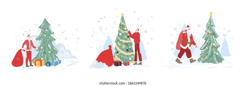 Juego de dibujos animados de carácter plano Santa Claus al aire libre con bolsa roja, árbol de navidad, cajas de regalo en invierno feliz Navidad, feliz concepto de vacaciones de Año Nuevo