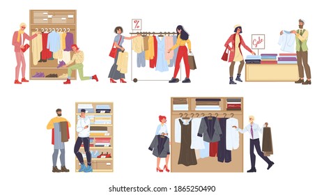 Set of cartoon flat characters in clothing stores-various poses, emotions and goods,shopping sales concept