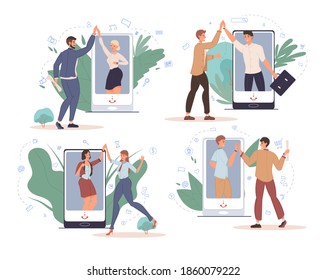 Set of cartoon flat characters friends happy greeting each other online-various poses, emotions,social networking service, communication and friendship concept