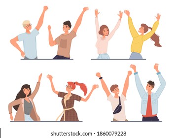 Set of cartoon flat characters friends rejoice and happily greeting each other-various poses, emotions,social communication and friendship concept