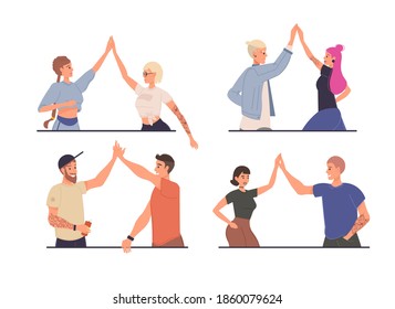 Set of cartoon flat characters friends happy greeting each other-various poses, emotions,social communication and friendship concept