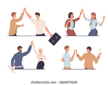 Set of cartoon flat characters friends happy greeting each other-various poses, emotions,social communication and friendship concept