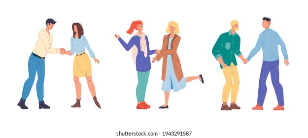 Set of cartoon flat characters friends shaking hands,happy greeting each other-various poses,emotions,social communication and friendship concept