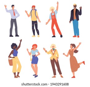 Set of cartoon flat characters happy greetings,waving hands - various poses,status and professions,communication and friendship social concept