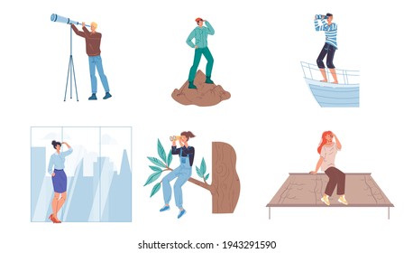Conjunto de personajes planos de dibujos animados mirando a la distancia usando binoculares y mano - diferentes poses, profesiones y personas, exploración,concepto de investigación