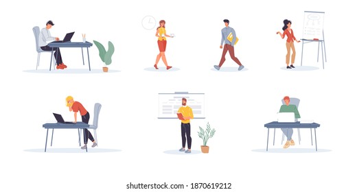 Set of cartoon flat characters office workers,busy employees,freelancers doing business and various things at home or office workplace. Workflow of business and self-employed people concept