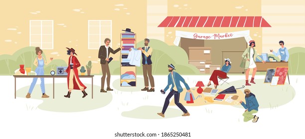 Set of cartoon flat characters outdoor shopping-various poses,emotions and goods,garage sales concept