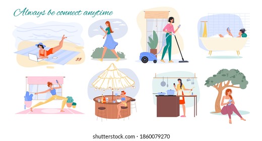 Set of cartoon flat characters surfing internet indoor and outdoor-different poses,places,people,gadgets and devices. Web online, site design concept