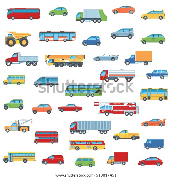 Set Of Cartoon Flat Design Car, Bus and\
Truck Icons. Isolated Vector\
Illustration
