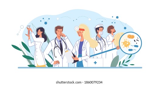 Set of cartoon flat doctor characters and nurses in uniform,laboratory coats with medical devices-medic team,various poses and persons