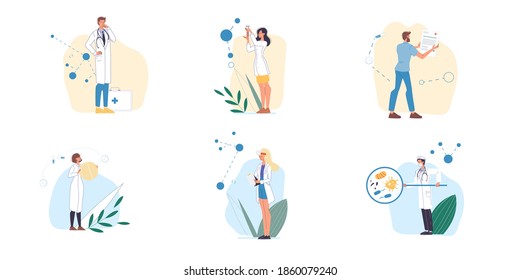 Set of cartoon flat doctor characters and nurses in uniform,laboratory coats with medical devices-medic team,various poses and persons