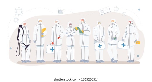 Conjunto de dibujos animados de personajes de médicos planos y enfermeras uniformados, abrigos de laboratorio con equipos médicos-médicos, diferentes poses y personas