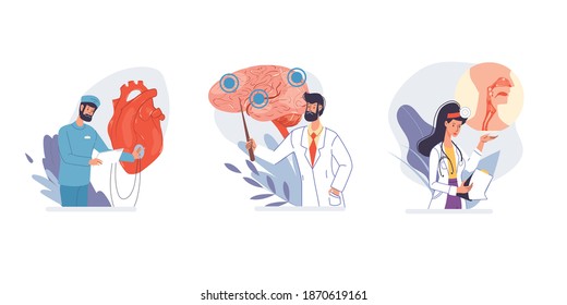 Set of cartoon flat doctor characters and nurses in uniform,laboratory coats with medical devices and internal organs-medic team,various poses and persons