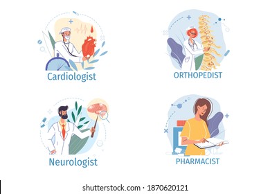 Set of cartoon flat doctor characters in uniform,lab coat with medical devices and symbols-various medic professions career concept