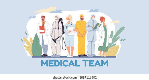 Set of cartoon flat doctor characters and nurses in uniform,white lab coats with medical devices-medic team,various poses and persons,viral disease prevention,medical treatment concept