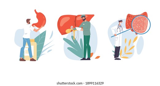Set von Cartoon flachen Arzt-Figuren und Krankenschwestern in Uniform, Labormäntel mit medizinischen Geräten und innere Organmedizin-Team, verschiedene Posen und Personen