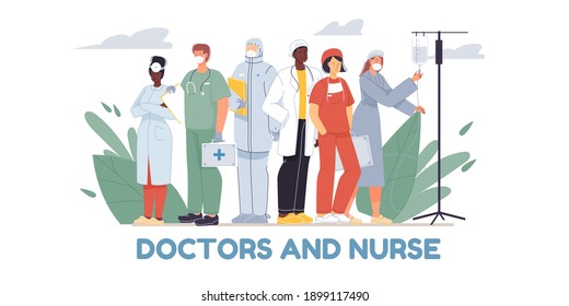 Set of cartoon flat doctor characters and nurses in uniform,white lab coats with medical devices-medic team,various poses and persons,viral disease prevention,medical treatment concept