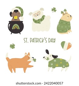 Set of cartoon, flat dogs, puppy in traditional costumes of Saint Patrick's Day. Funny characters in Irish holiday attire, clothing