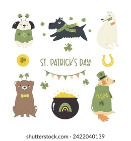 Set of cartoon, flat dogs, puppy in traditional costumes of Saint Patrick's Day. Funny characters in Irish holiday attire, clothing