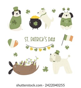 Set of cartoon, flat dogs, puppy in traditional costumes of Saint Patrick's Day. Funny characters in Irish holiday attire, clothing