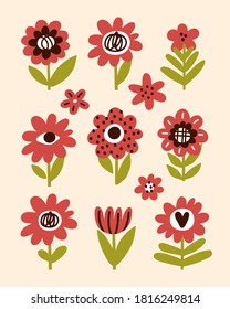 Set of Cartoon Flat Flowers Art Print Vector Illustration in Modern Trendy Scandinavian Style