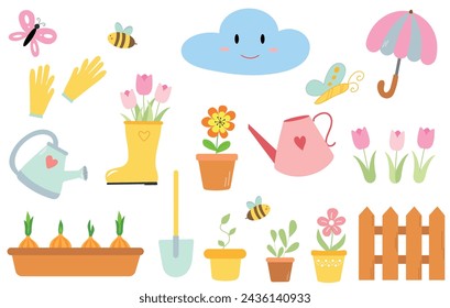 Satz von Cartoon flachen, handgezogenen Federelementen.  Frühlingsblumen, Gießkanne, Tulpen, Blumen in Töpfen und Sämlinge in Töpfen. Frühlingskonzept.