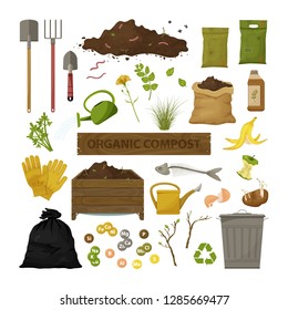 Set of cartoon flat icons. Organic compost theme. Garden tools, wooden box, ground, food garbage. Illustration of bio, organic fertilizer, compost, agronomy. Colored vector design.